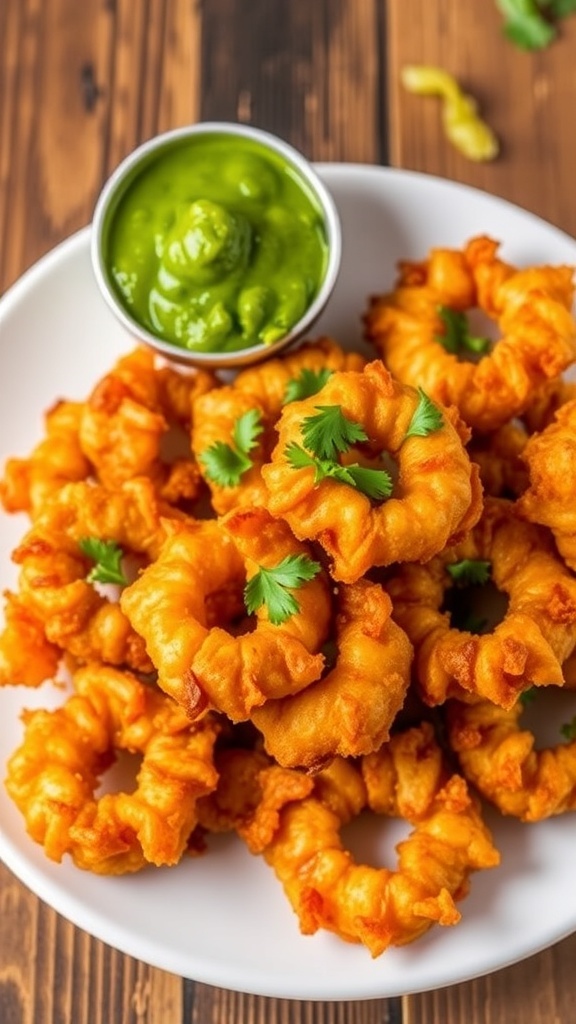 Crispy Onion Bhaji Recipe Crispy onion bhajis served with mint chutney on a rustic wooden table.